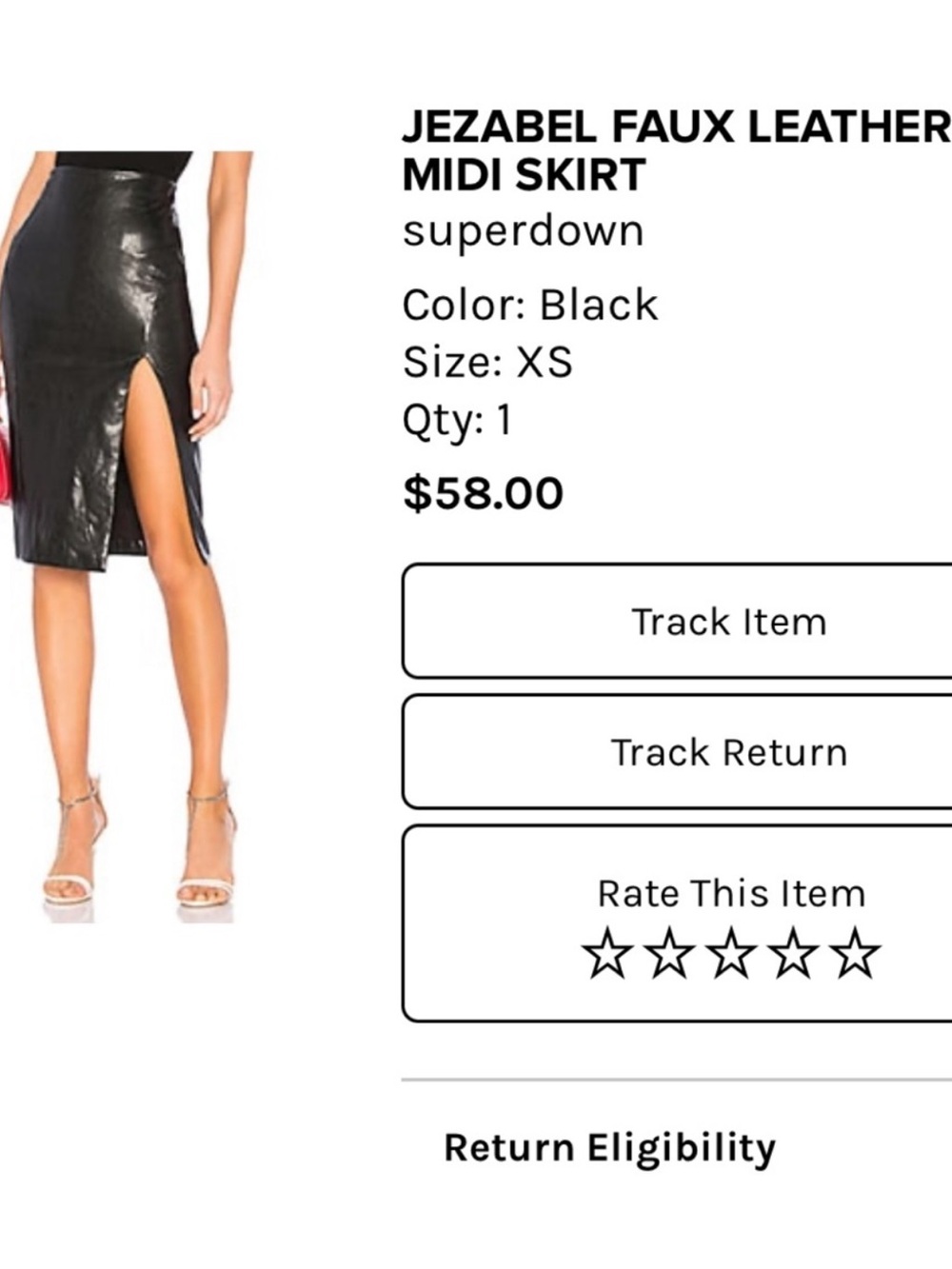 Superdown Black Faux Leather Midi Skirt with Side Slit NWT